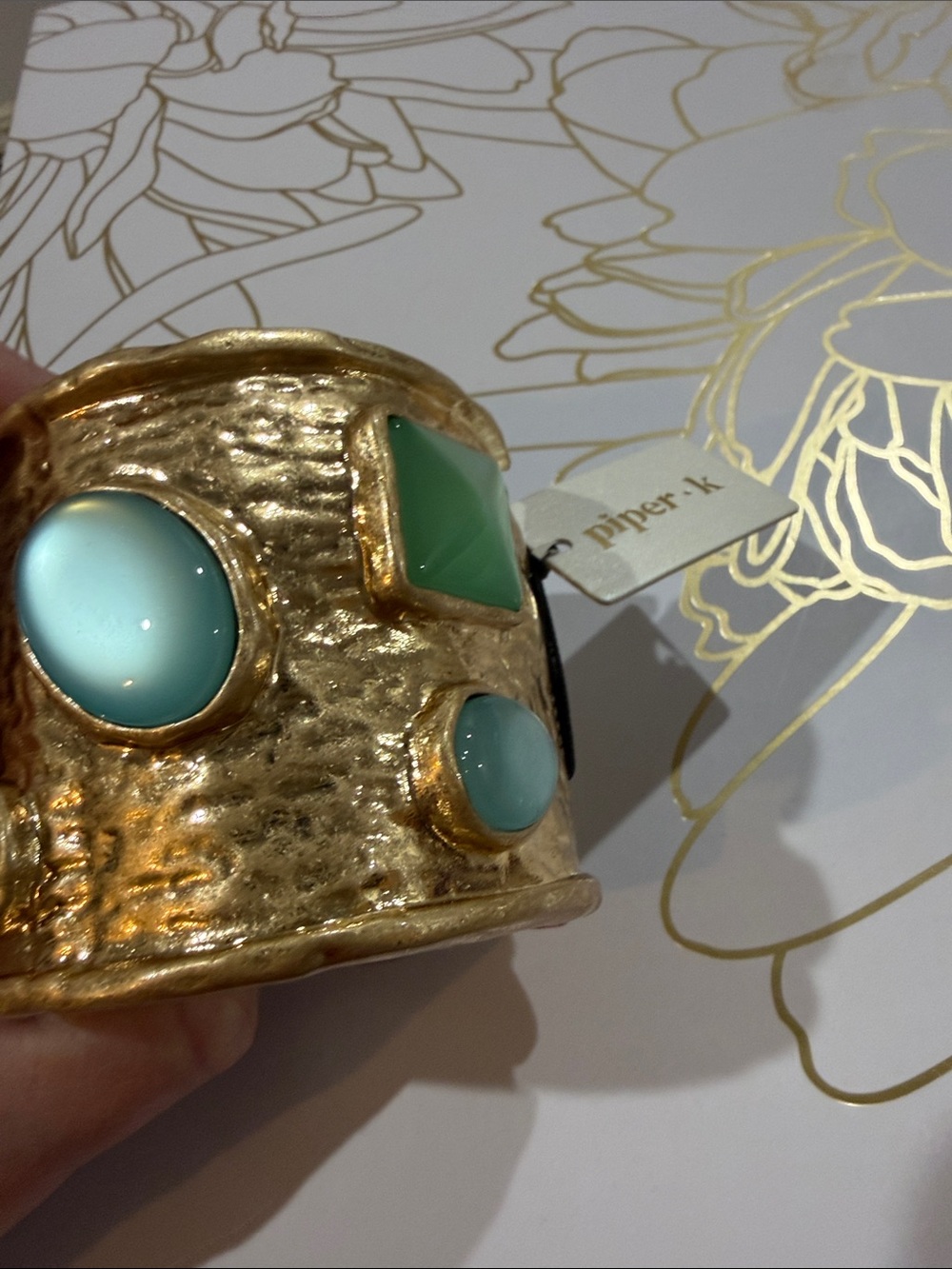 Piper K Sea Blues & Celadon Stones Gold Statement Cuff Bracelet - Picture 2 of 4